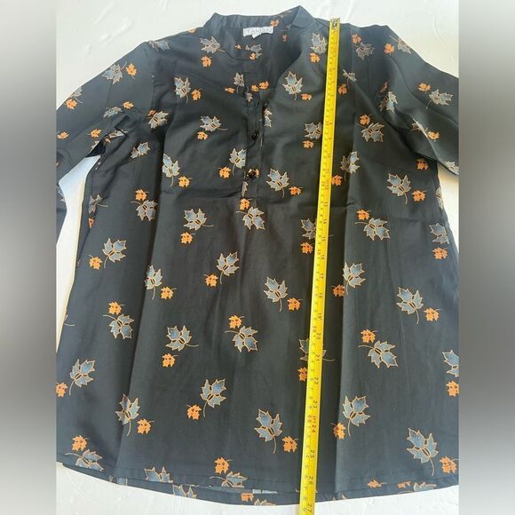 TAMSY Maple Leaf Pattern Blouse Woven Polyester Button Up Full Sleeve Black - Picture 6 of 9